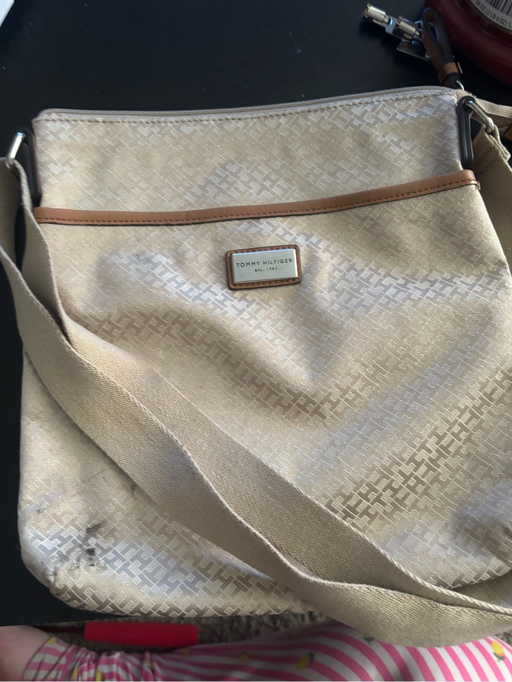 Tommy Hilfiger Beige Cream Crossbody Bag with Leather Trim
